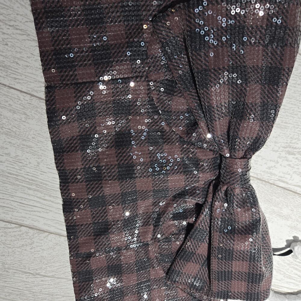 Johnny Wujek Sequin Crop Top Bow Front Zip Back Jrs Sz 11 Plaid Black Brown GLAM - Picture 14 of 15